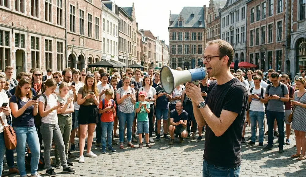 A game launch in the original event format: a crowd gathered on a city square, phones in hand, before the start.