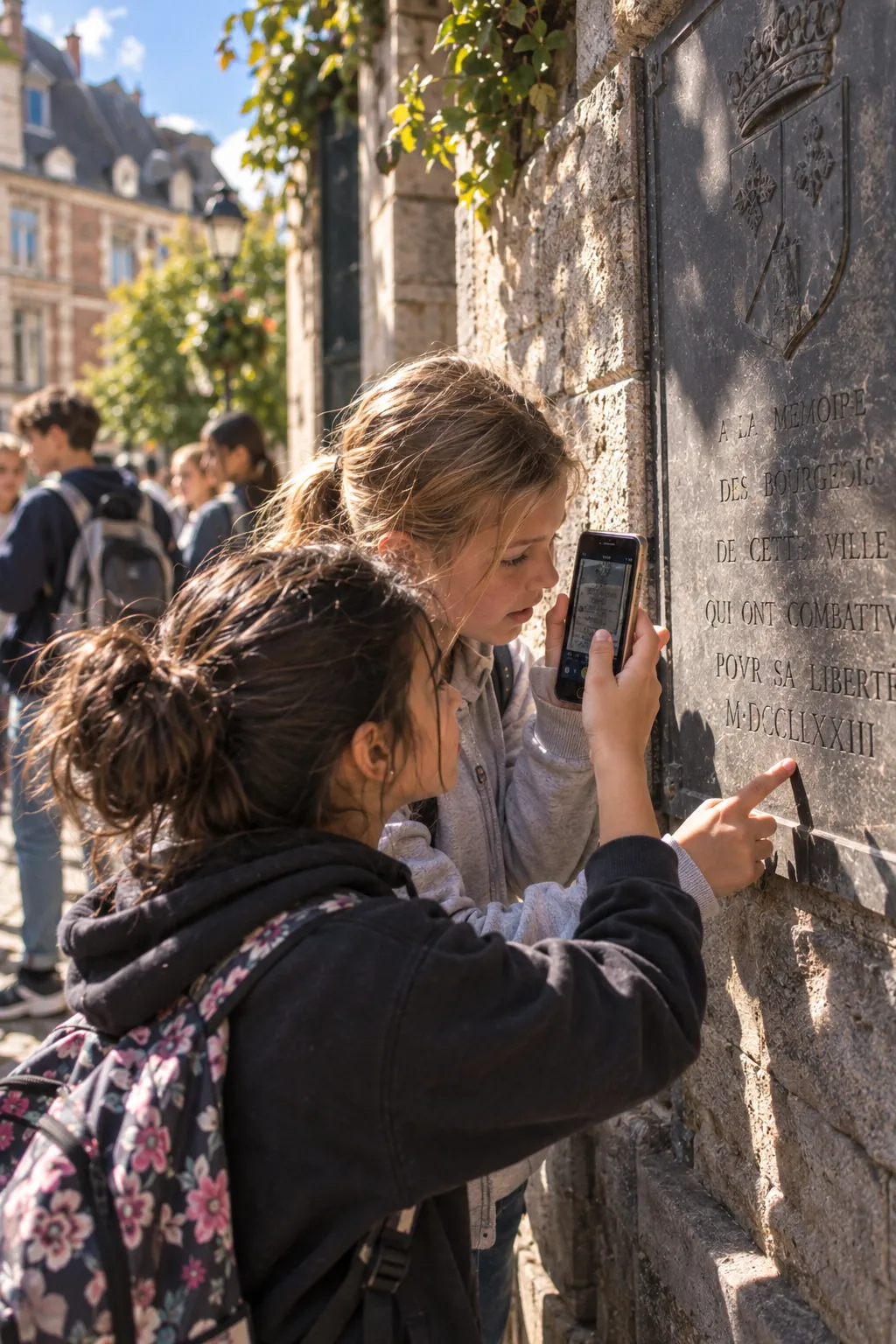 Des élèves lisent une plaque sur une façade pour résoudre une énigme