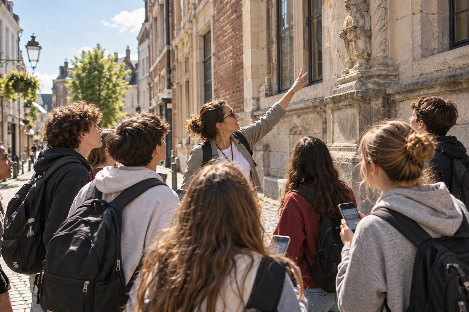 Des élèves jouent un parcours Coddy dans la rue, smartphone à la main
