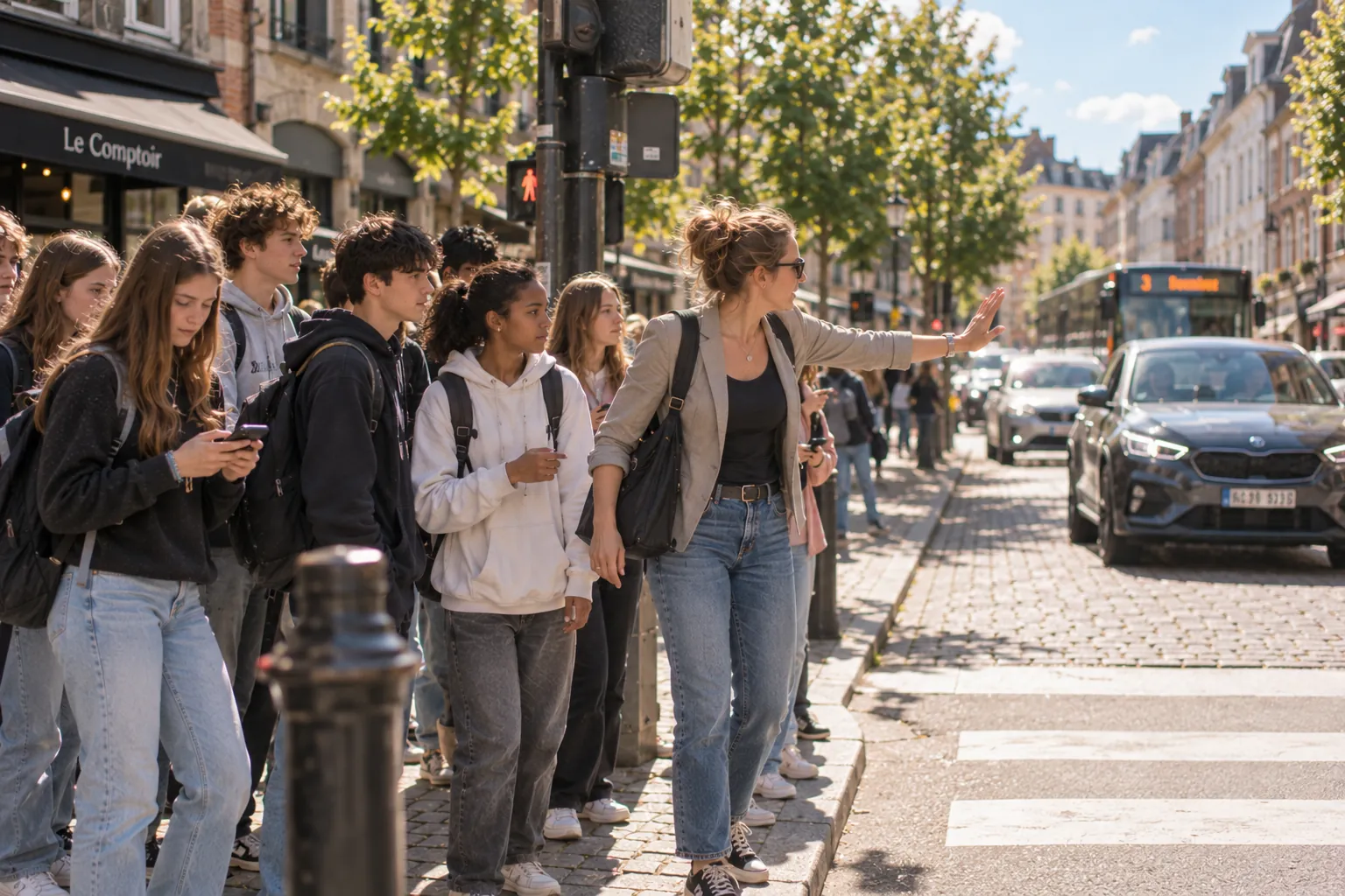 Une enseignante fait traverser sa classe à un passage piéton