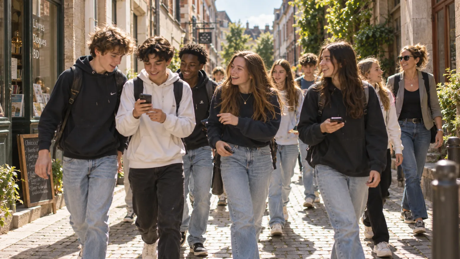 Des adolescents et leur enseignante marchent dans le centre-ville