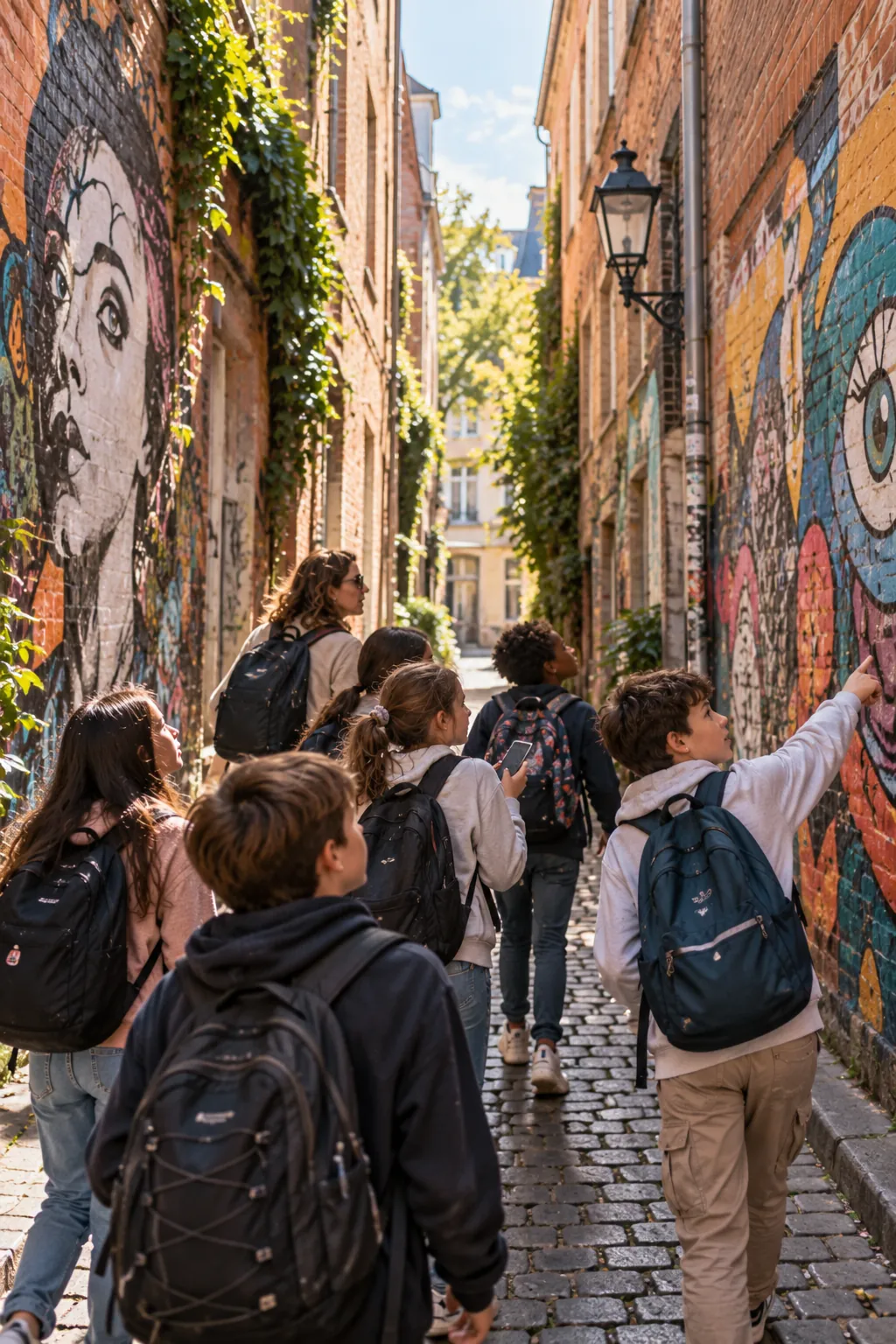 Des adolescents observent une fresque murale