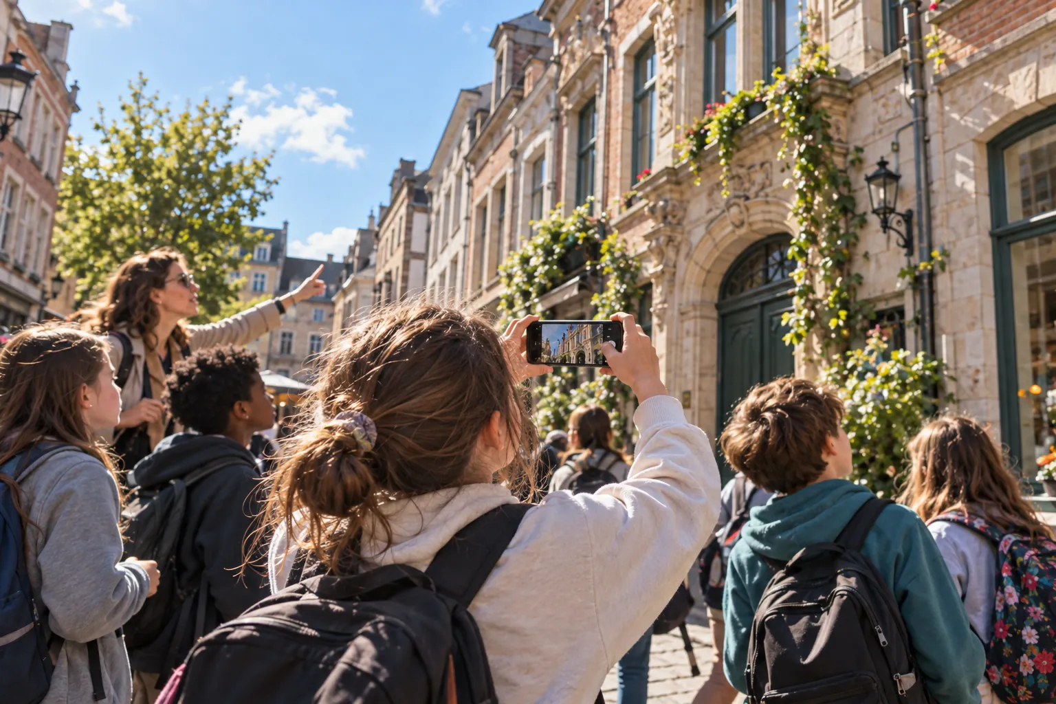 Teenagers photograph a building during the game
