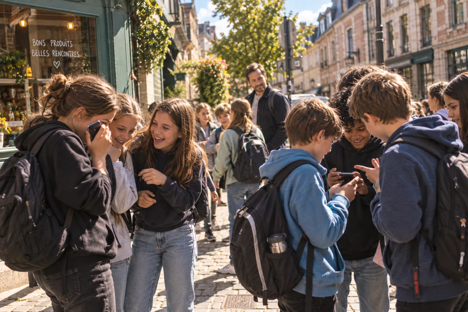 Des élèves se retrouvent à l'arrivée et comparent leurs résultats