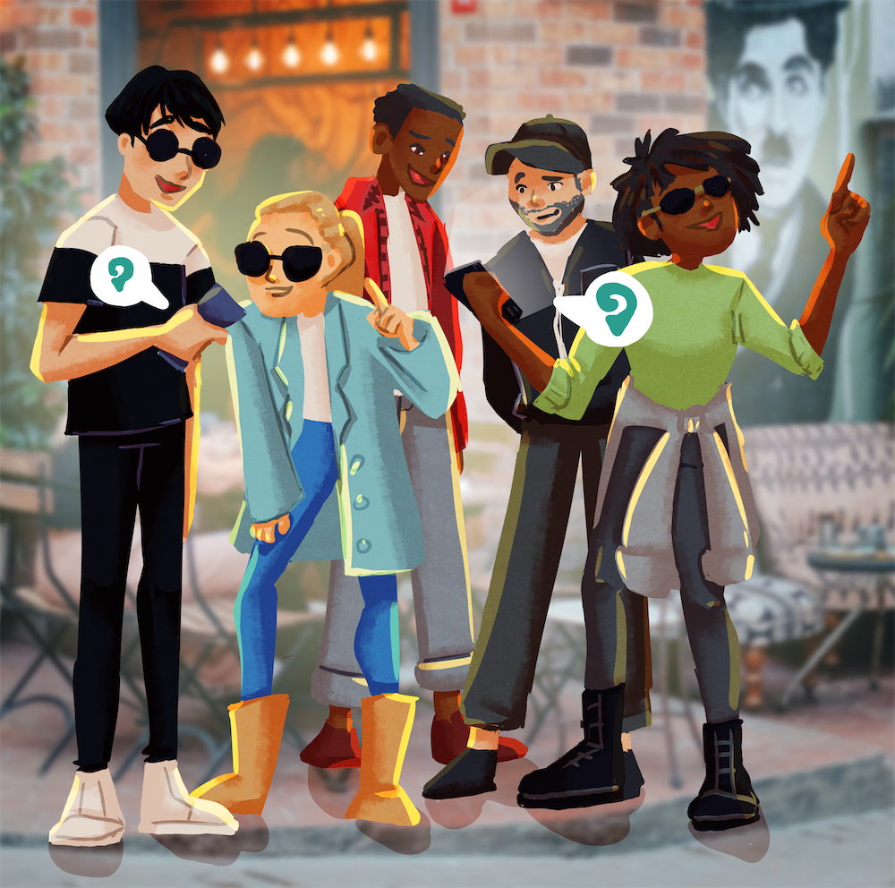 Illustration showing a multicultural team playing a Coddy adventure