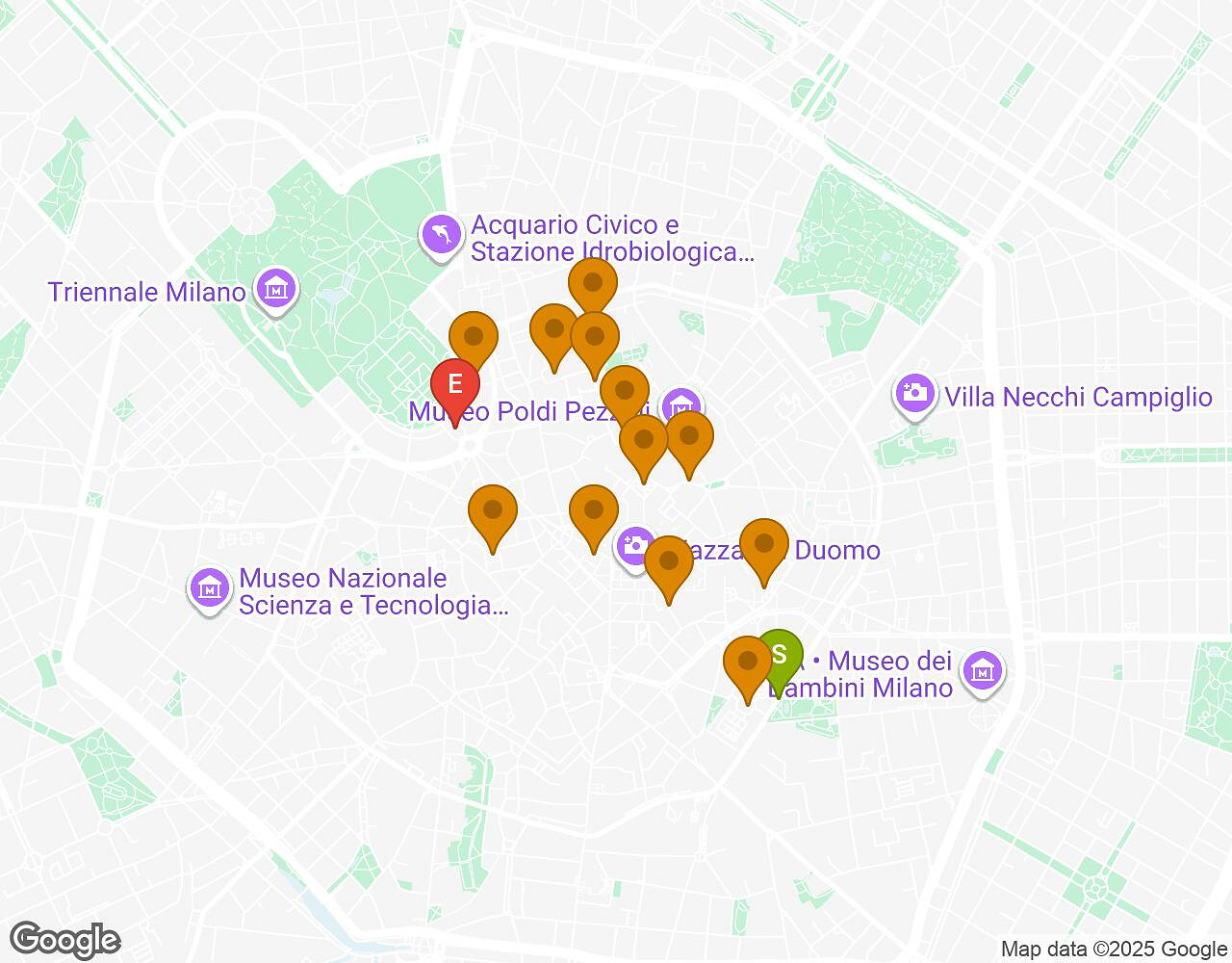 Carte interactive pour L'Alchimiste MILANO indiquant le point de départ, le point d'arrivée et les points d'intérêt