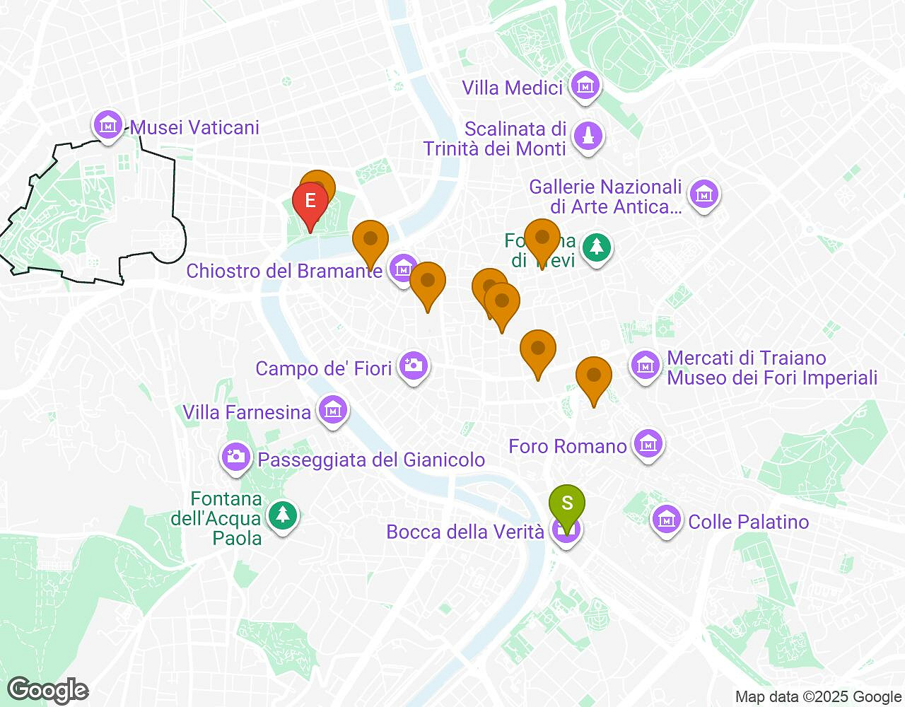Carte interactive pour L'Alchimiste ROME indiquant le point de départ, le point d'arrivée et les points d'intérêt
