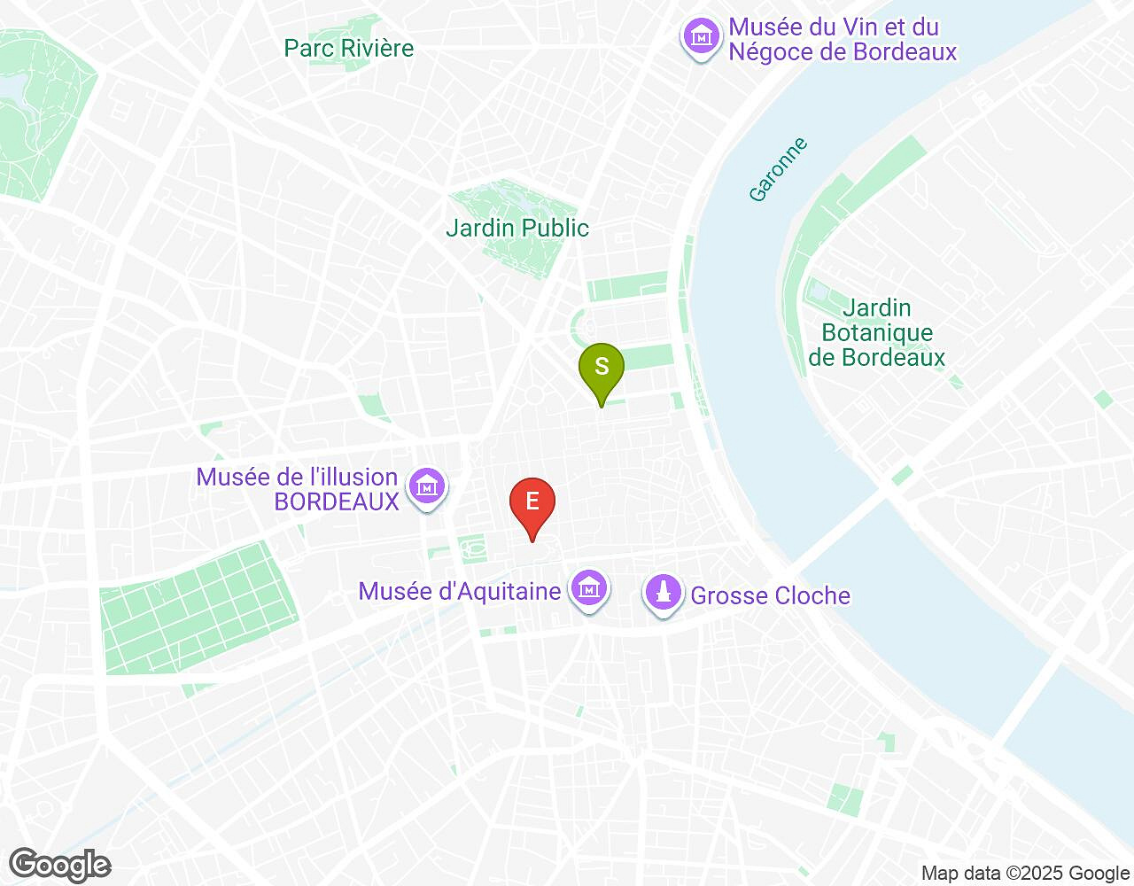 Carte interactive pour Sauvons le Marsupilami ! Bordeaux indiquant le point de départ, le point d'arrivée et les points d'intérêt