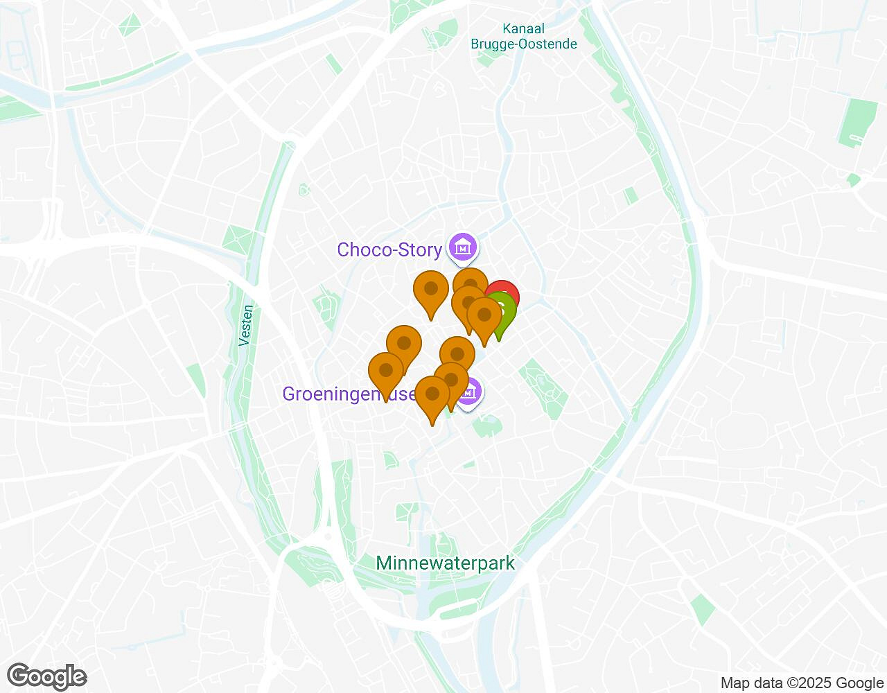 Carte interactive pour Sauvons le Marsupilami ! BRUGES indiquant le point de départ, le point d'arrivée et les points d'intérêt