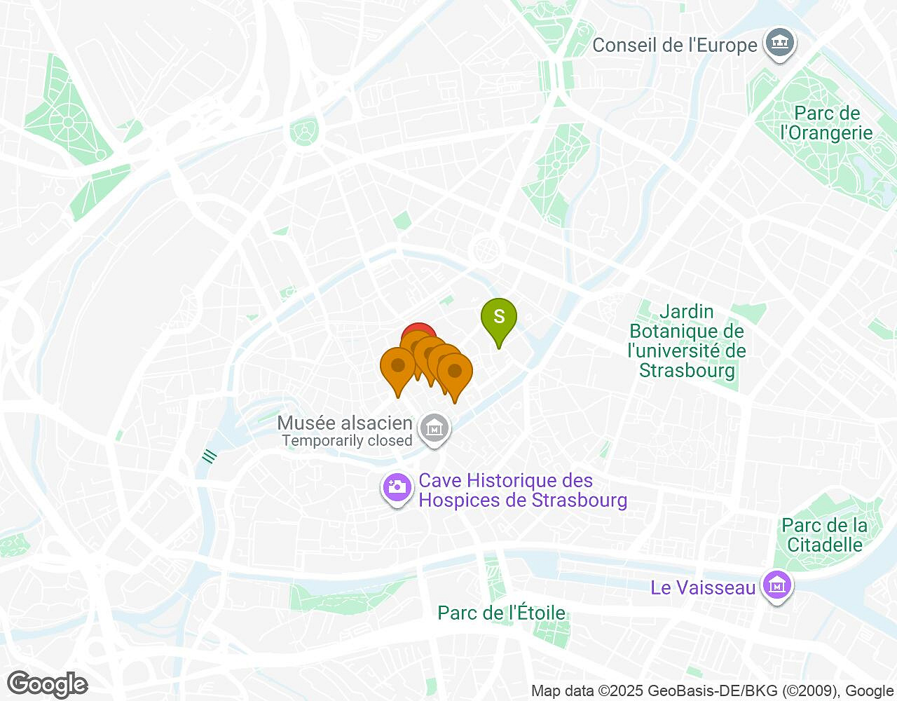 Carte interactive pour Sauvons le Marsupilami ! Strasbourg indiquant le point de départ, le point d'arrivée et les points d'intérêt