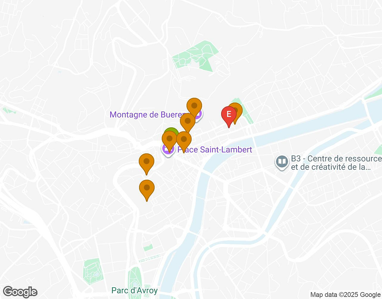 Carte interactive pour Sauvons le Marsupilami ! LIEGE indiquant le point de départ, le point d'arrivée et les points d'intérêt