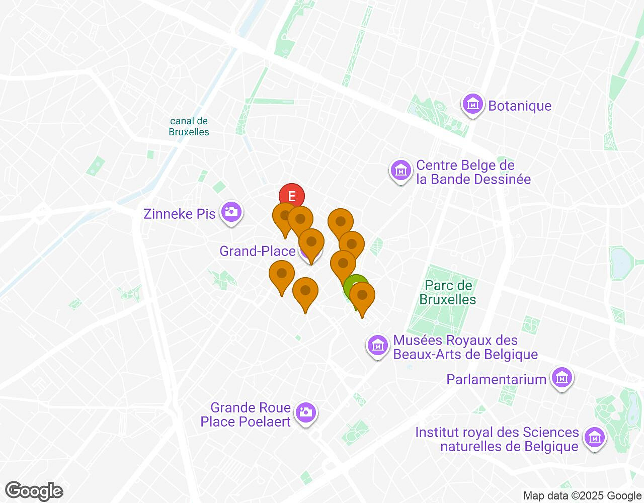 Carte interactive pour Sauvons le Marsupilami! BRUXELLES indiquant le point de départ, le point d'arrivée et les points d'intérêt