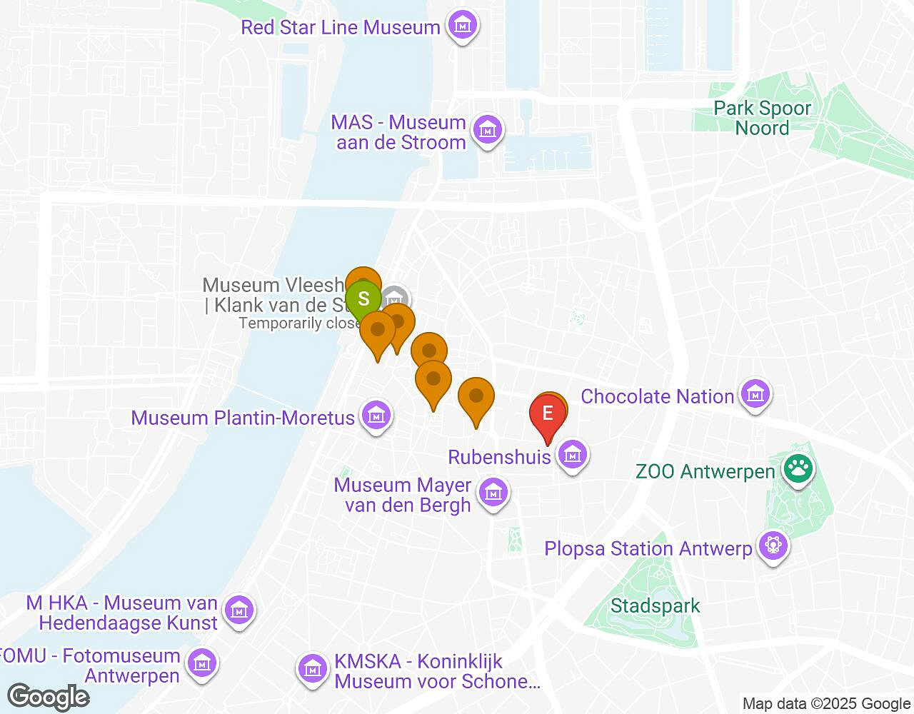 Carte interactive pour Sauvons le Marsupilami ! ANVERS indiquant le point de départ, le point d'arrivée et les points d'intérêt