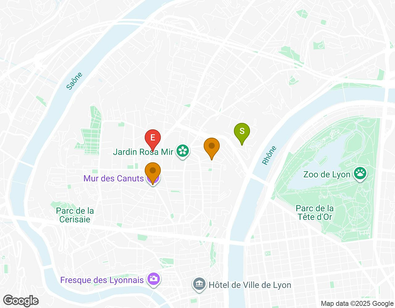Carte interactive pour Sauvons le Marsupilami ! LYON indiquant le point de départ, le point d'arrivée et les points d'intérêt