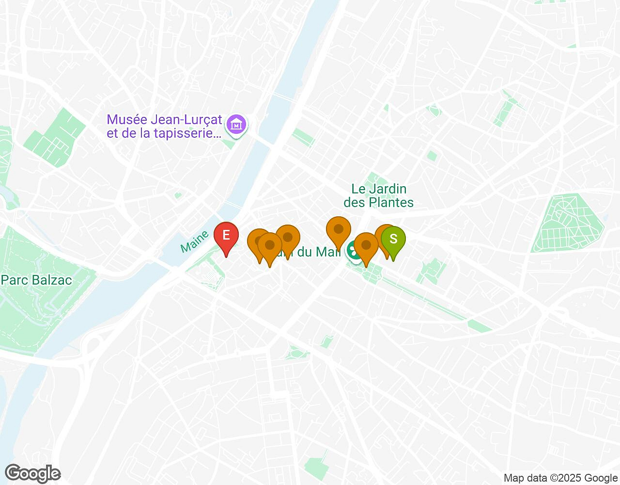 Carte interactive pour Sauvons le Marsupilami ! ANGERS indiquant le point de départ, le point d'arrivée et les points d'intérêt