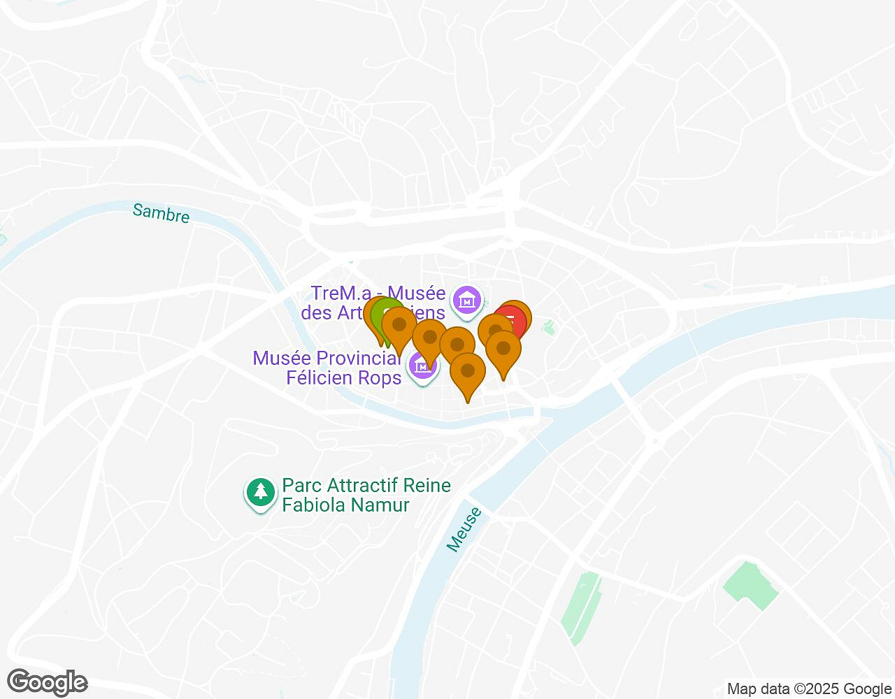 Carte interactive pour Sauvons le Marsupilami ! NAMUR indiquant le point de départ, le point d'arrivée et les points d'intérêt