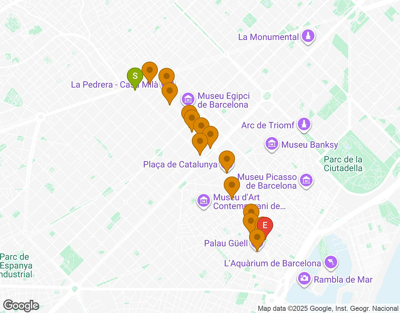 Carte interactive pour L'Affaire Walter Barcelone indiquant le point de départ, le point d'arrivée et les points d'intérêt