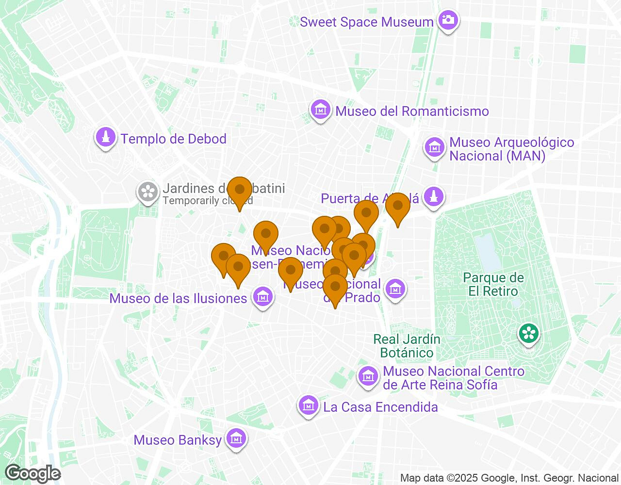 Interactieve kaart voor De Zaak Walter MADRID met startpunt, eindpunt en bezienswaardigheden