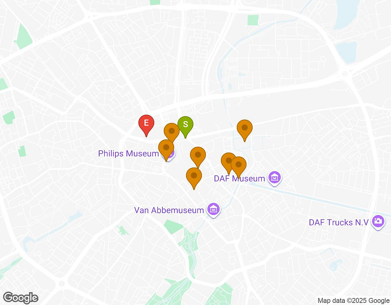 Interactieve kaart voor De Zaak Walter EINDHOVEN met startpunt, eindpunt en bezienswaardigheden