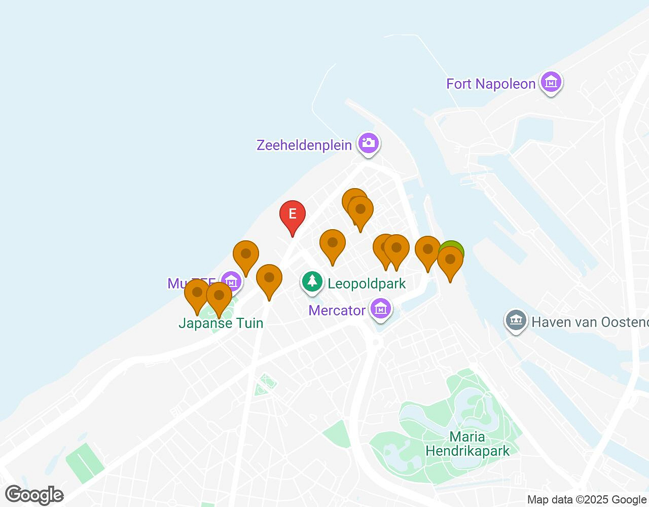 Interactieve kaart voor De Zaak Walter OOSTENDE met startpunt, eindpunt en bezienswaardigheden