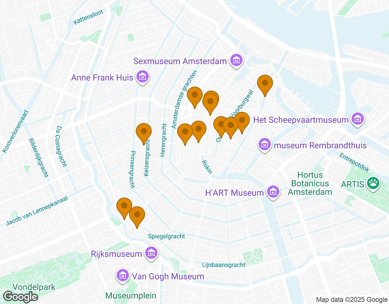 Carte interactive pour L'affaire Walter AMSTERDAM indiquant le point de départ, le point d'arrivée et les points d'intérêt