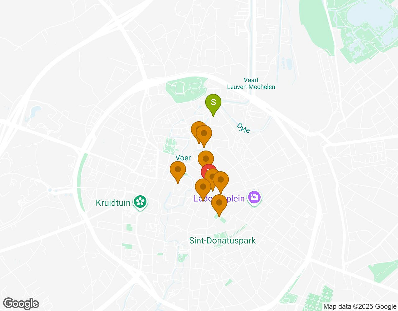Carte interactive pour L'Alchimiste LOUVAIN indiquant le point de départ, le point d'arrivée et les points d'intérêt