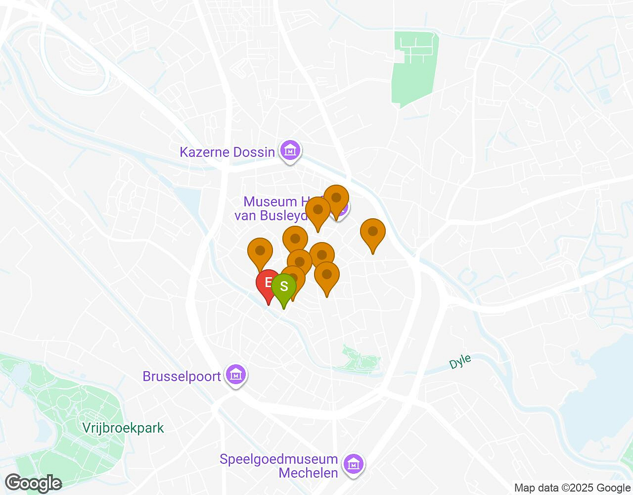 Carte interactive pour L'Alchimiste MALINES indiquant le point de départ, le point d'arrivée et les points d'intérêt