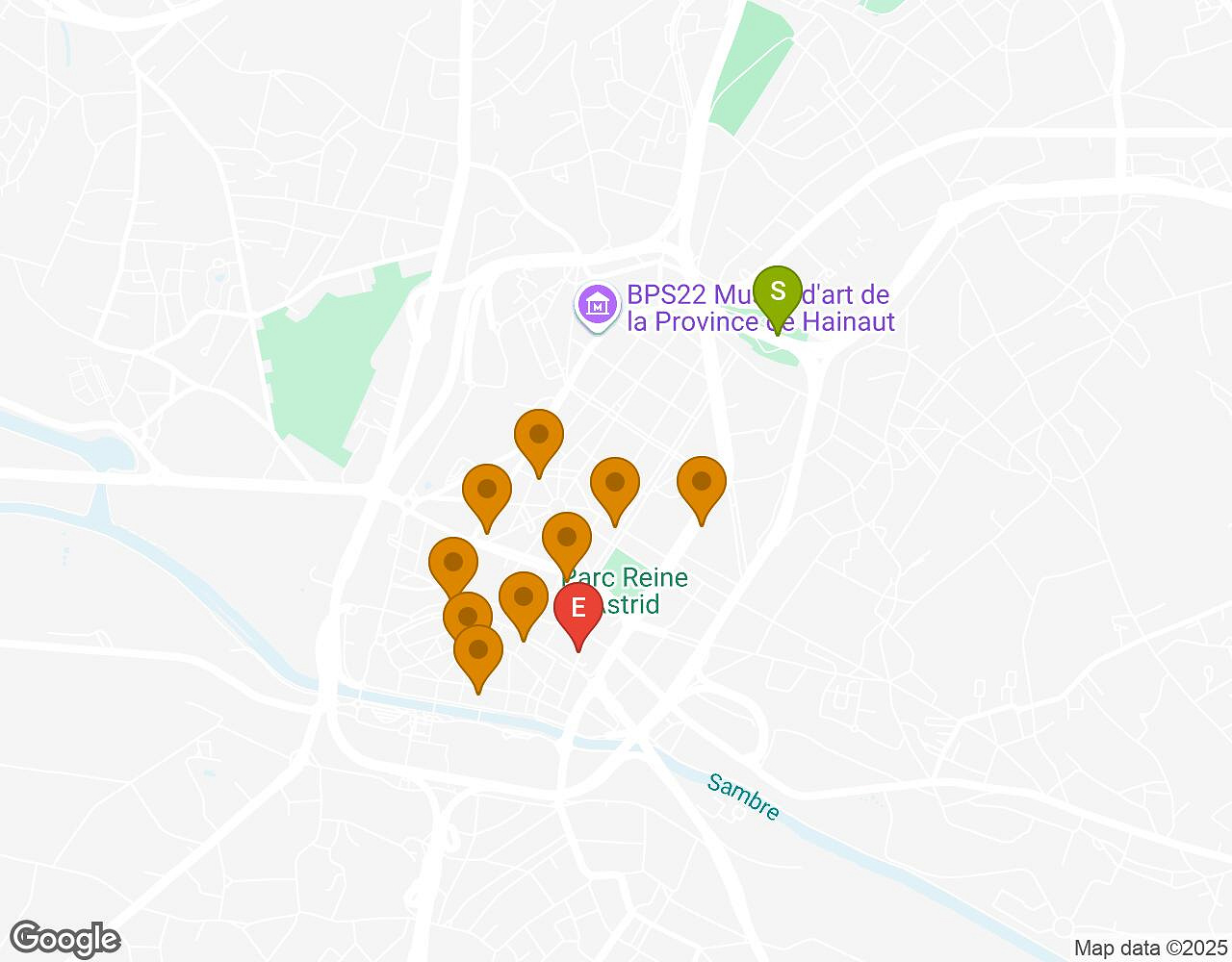 Carte interactive pour L'alchimiste CHARLEROI indiquant le point de départ, le point d'arrivée et les points d'intérêt