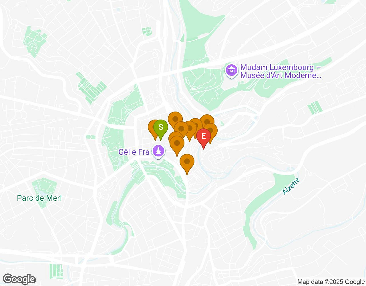 Interactive map for The Alchemist LUXEMBOURG showing start point, end point and points of interest