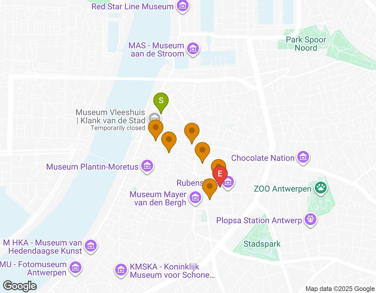 Carte interactive pour L'Alchimiste ANVERS indiquant le point de départ, le point d'arrivée et les points d'intérêt