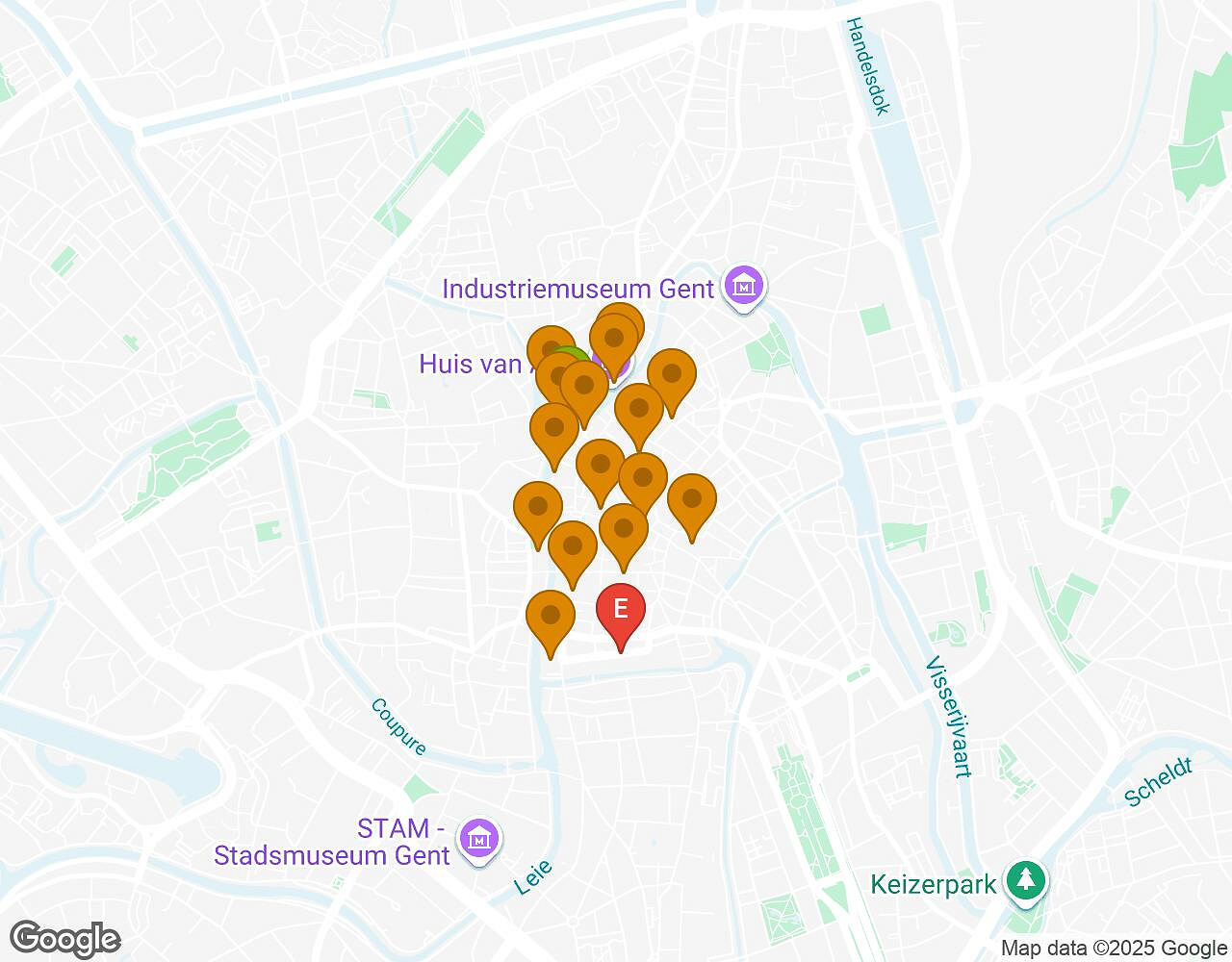 Interactieve kaart voor De Alchemist GENT met startpunt, eindpunt en bezienswaardigheden