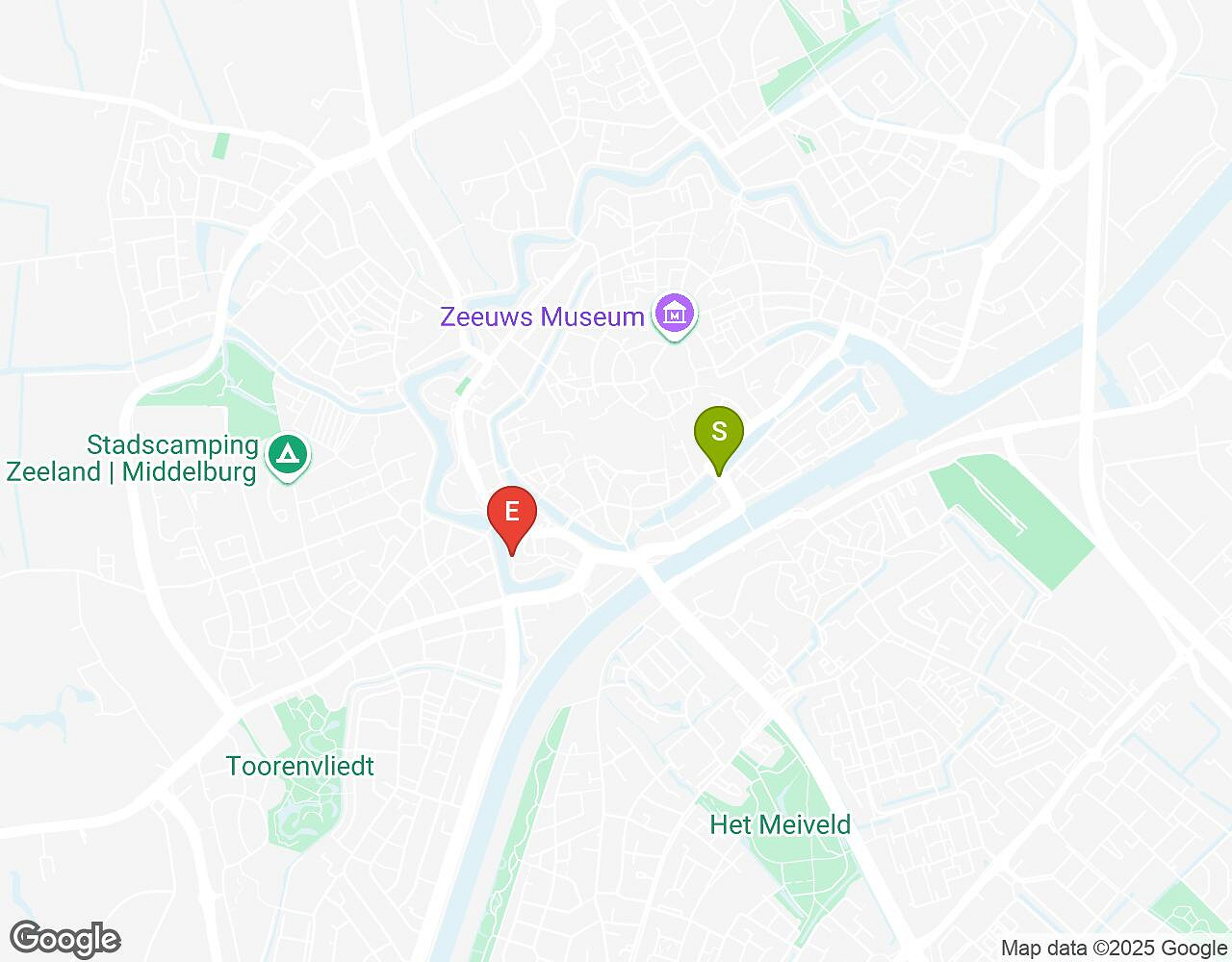Carte interactive pour L'Alchimiste Middelburg indiquant le point de départ, le point d'arrivée et les points d'intérêt