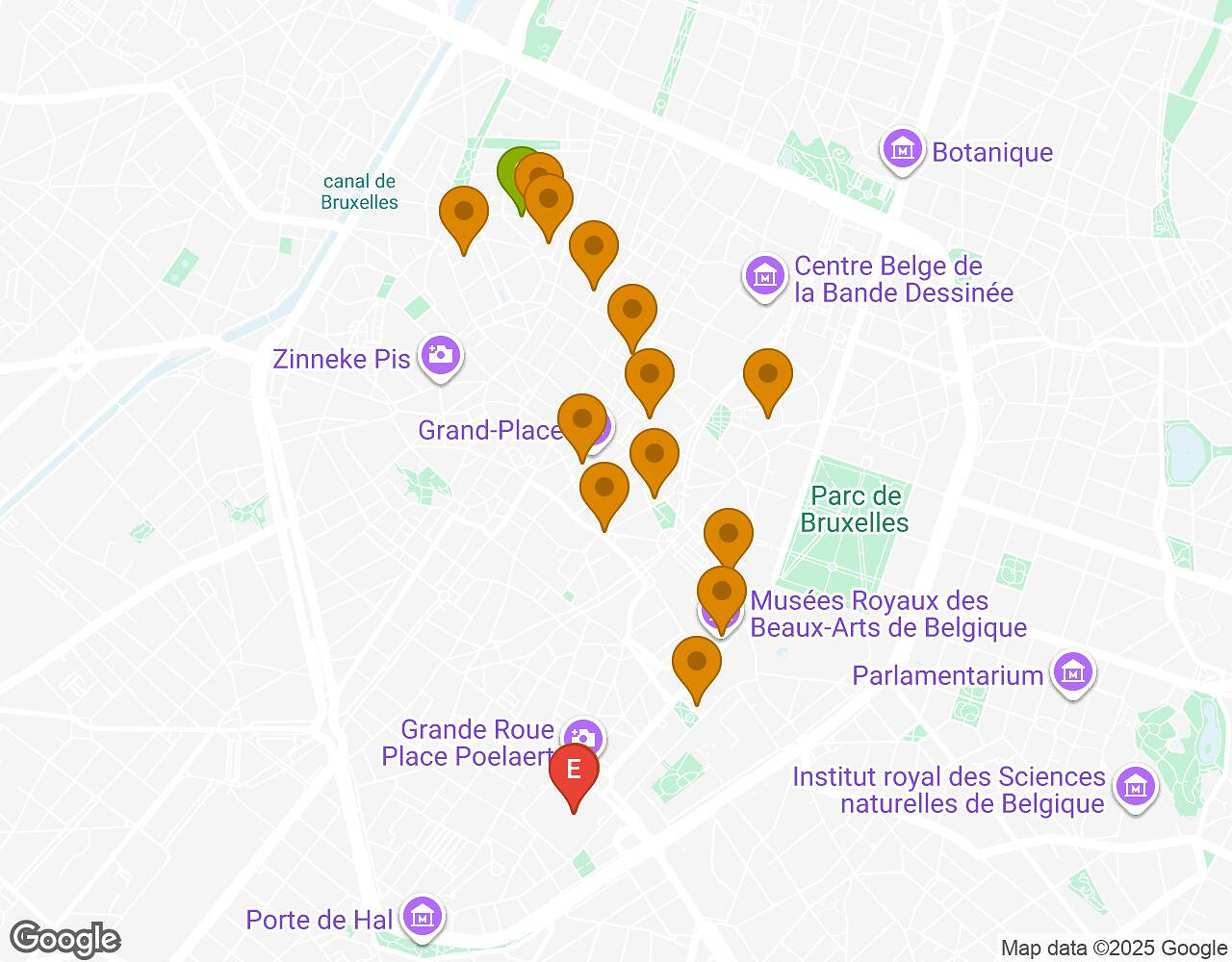 Carte interactive pour L'Alchimiste BRUXELLES indiquant le point de départ, le point d'arrivée et les points d'intérêt