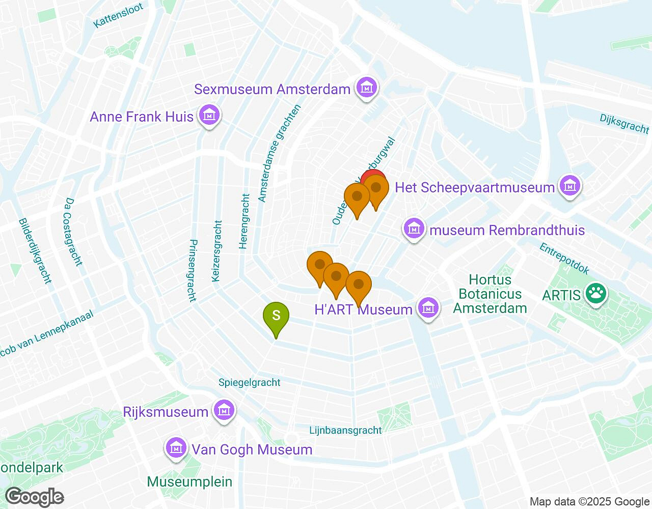 Carte interactive pour L'Alchimiste AMSTERDAM indiquant le point de départ, le point d'arrivée et les points d'intérêt