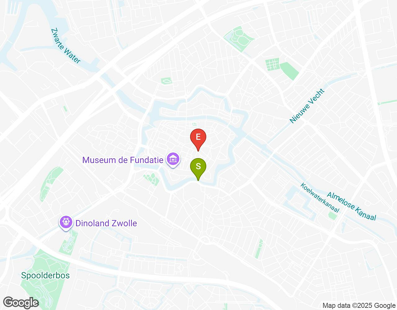 Carte interactive pour L'Alchimiste Zwolle indiquant le point de départ, le point d'arrivée et les points d'intérêt