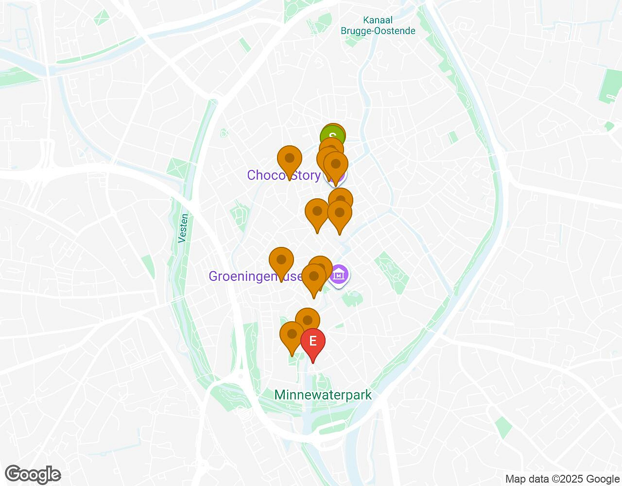 Carte interactive pour L'Alchimiste BRUGES indiquant le point de départ, le point d'arrivée et les points d'intérêt