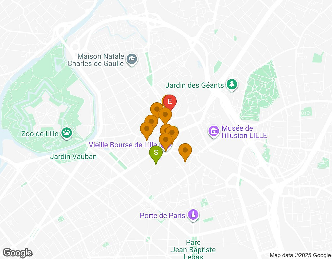 Carte interactive pour Crazytopia LILLE indiquant le point de départ, le point d'arrivée et les points d'intérêt