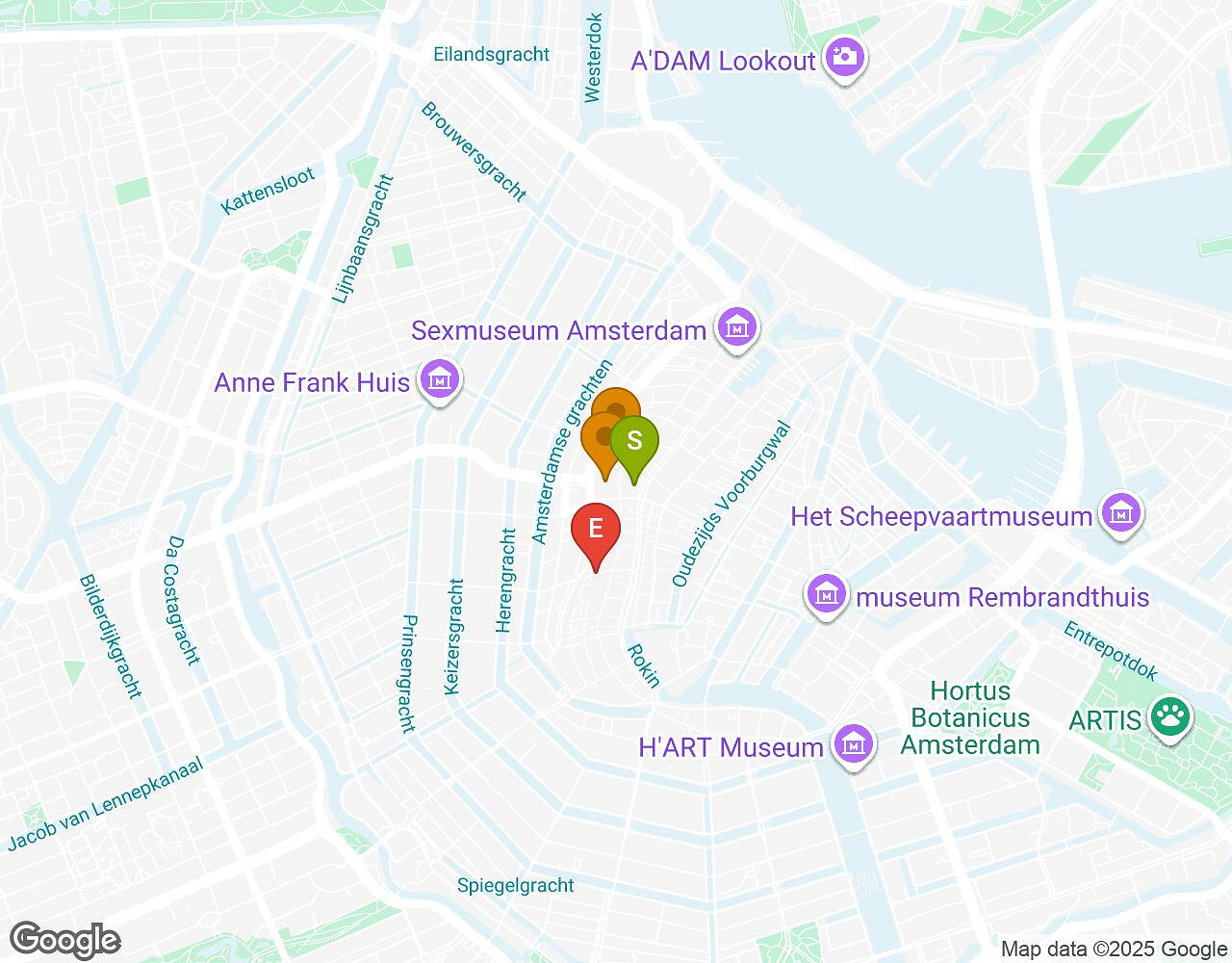 Carte interactive pour Crazytopia AMSTERDAM indiquant le point de départ, le point d'arrivée et les points d'intérêt