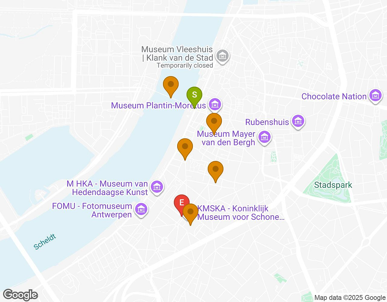 Interactieve kaart voor Crazytopia ANTWERPEN met startpunt, eindpunt en bezienswaardigheden
