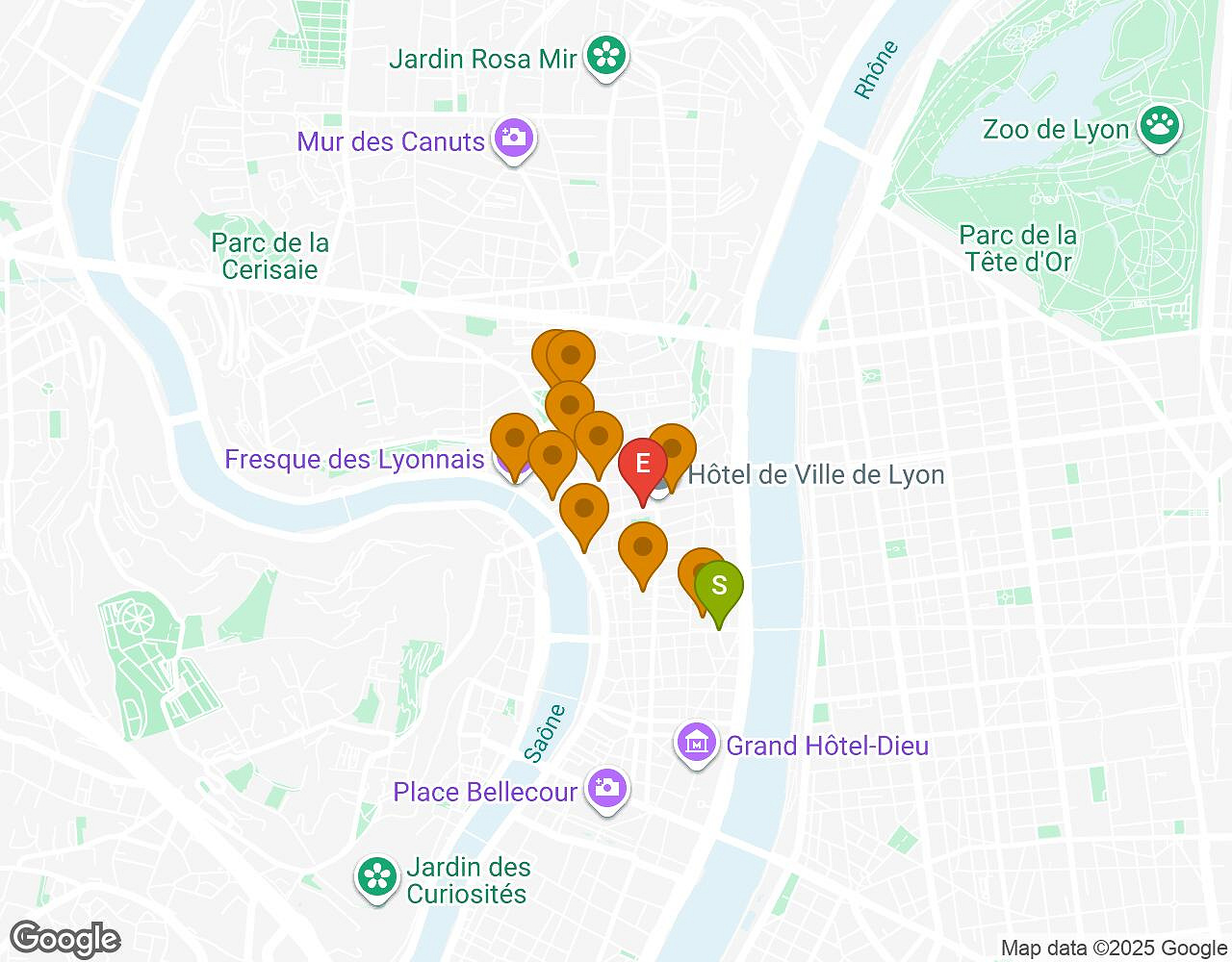 Carte interactive pour Crazytopia LYON indiquant le point de départ, le point d'arrivée et les points d'intérêt