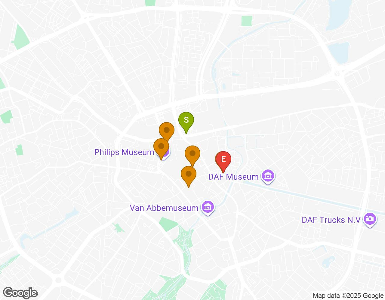 Carte interactive pour Crazytopia EINDHOVEN indiquant le point de départ, le point d'arrivée et les points d'intérêt