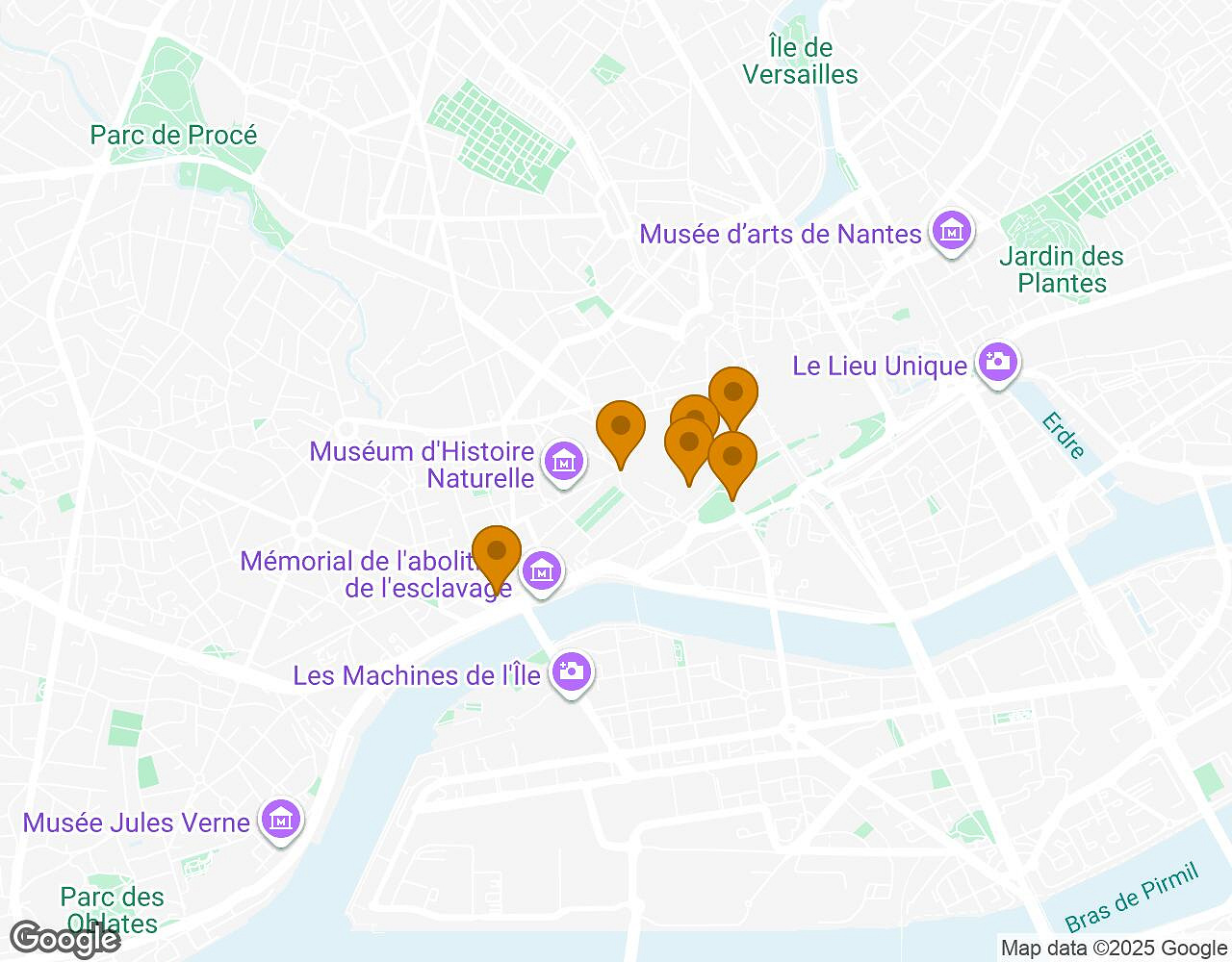 Carte interactive pour Crazytopia NANTES indiquant le point de départ, le point d'arrivée et les points d'intérêt