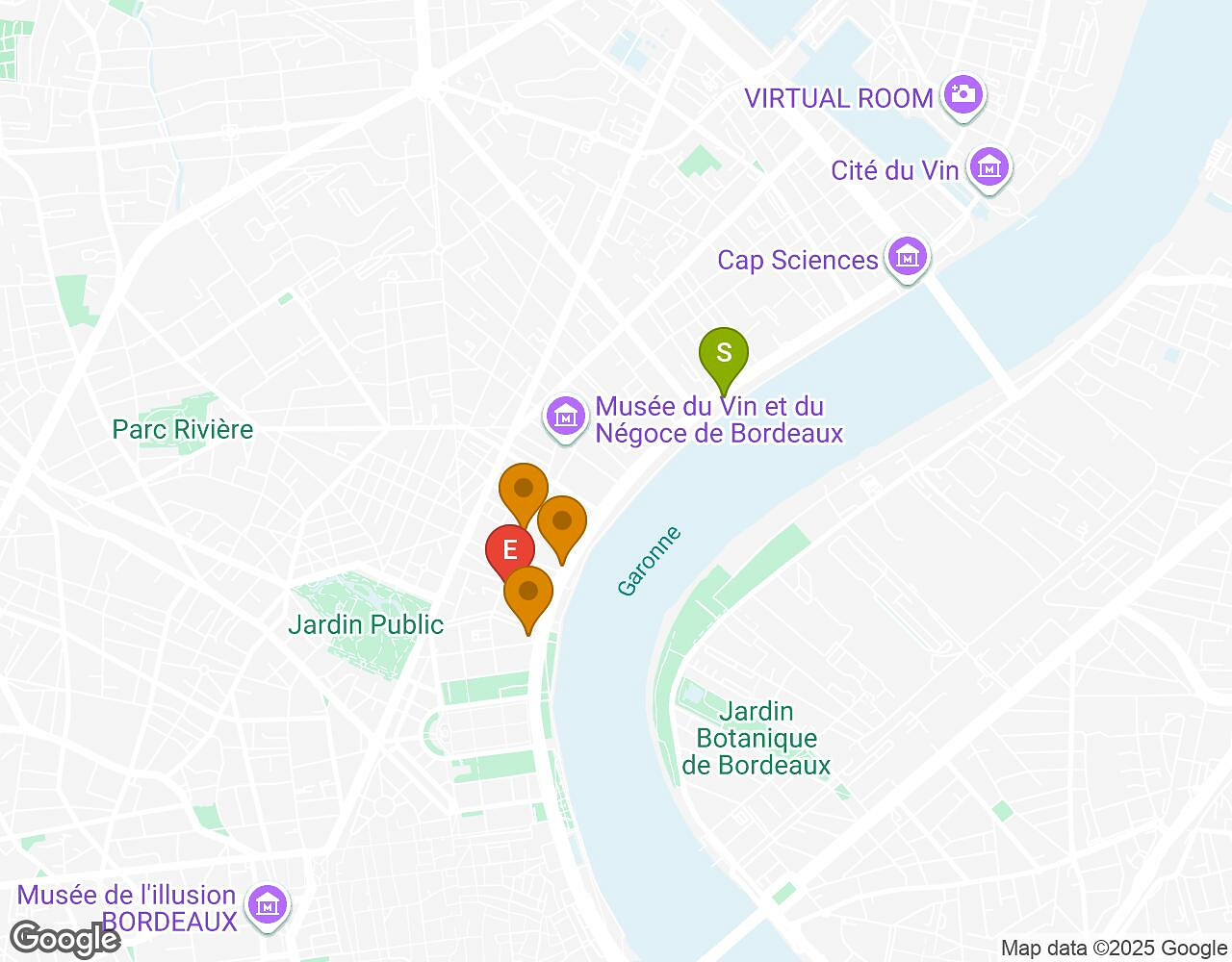 Carte interactive pour Crazytopia BORDEAUX indiquant le point de départ, le point d'arrivée et les points d'intérêt
