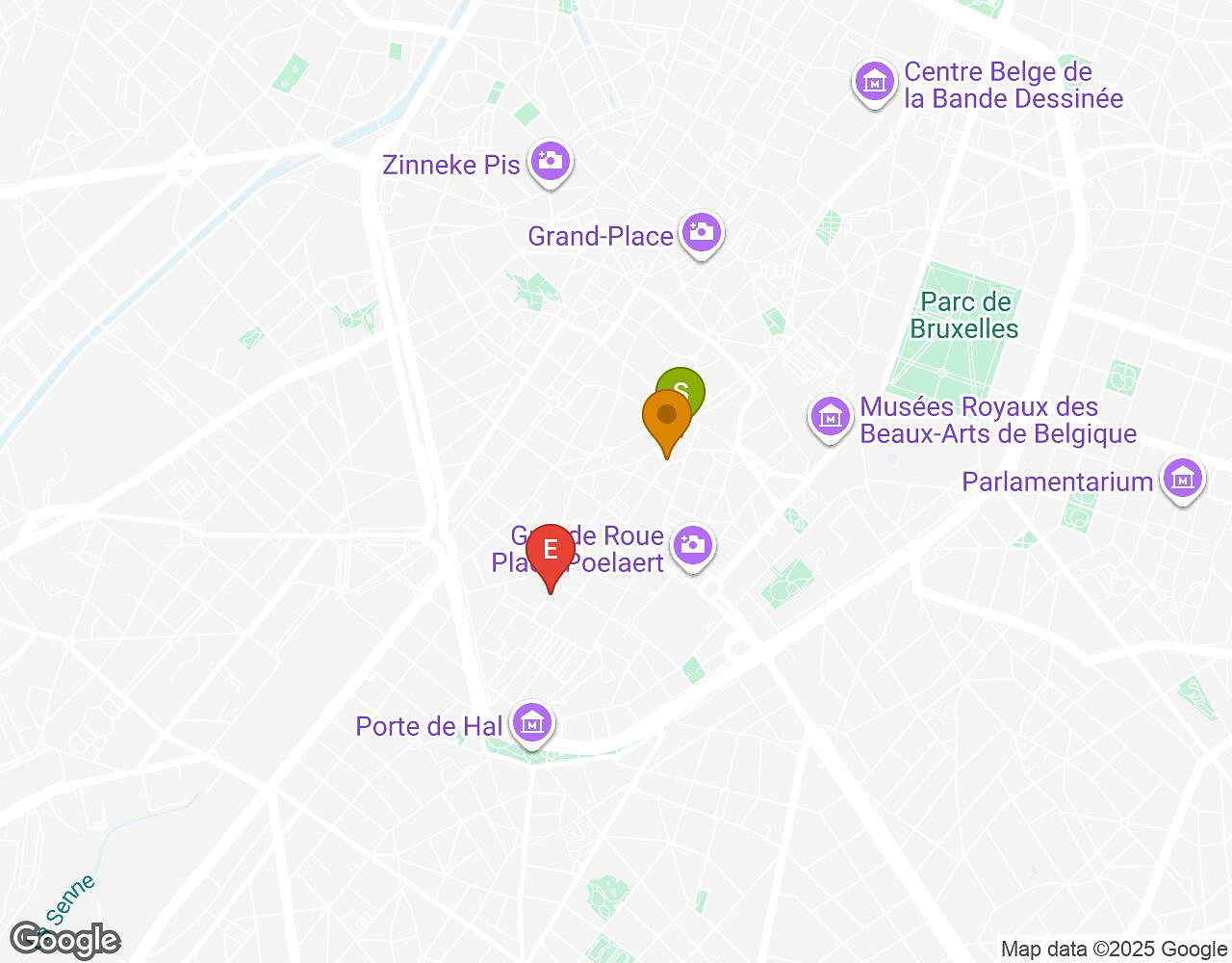 Carte interactive pour Crazytopia BRUXELLES indiquant le point de départ, le point d'arrivée et les points d'intérêt