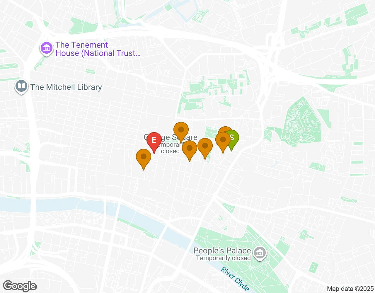 Carte interactive pour Crazytopia GLASGOW indiquant le point de départ, le point d'arrivée et les points d'intérêt