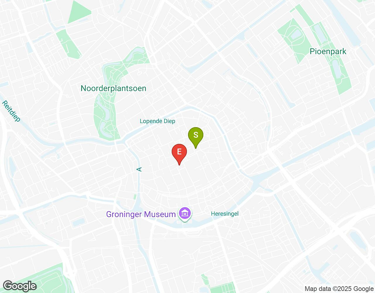 Carte interactive pour Crazytopia GRONINGUE indiquant le point de départ, le point d'arrivée et les points d'intérêt