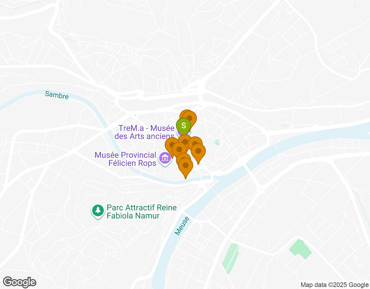 Carte interactive pour Crazytopia NAMUR indiquant le point de départ, le point d'arrivée et les points d'intérêt