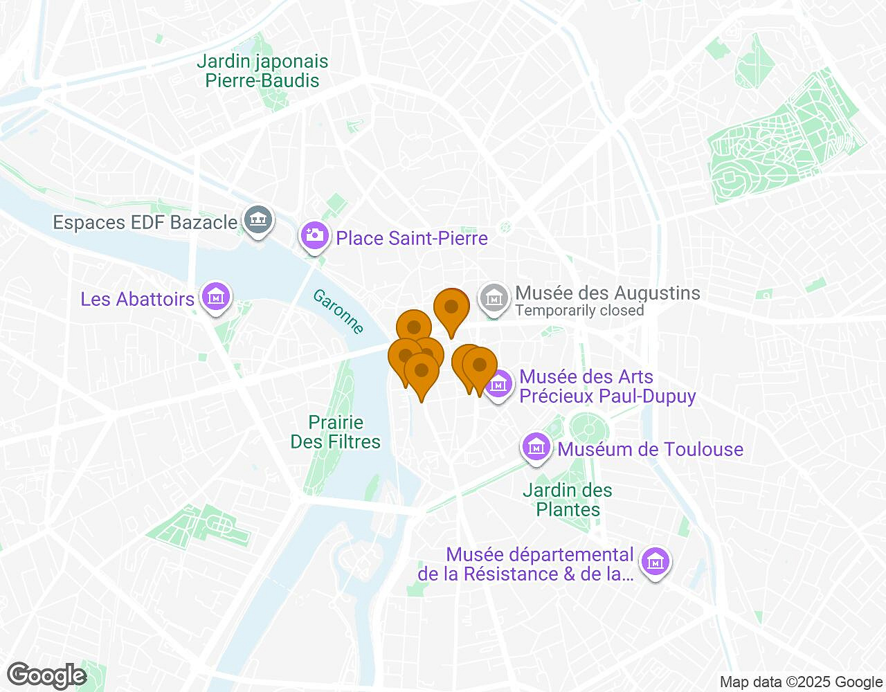 Carte interactive pour Crazytopia TOULOUSE indiquant le point de départ, le point d'arrivée et les points d'intérêt