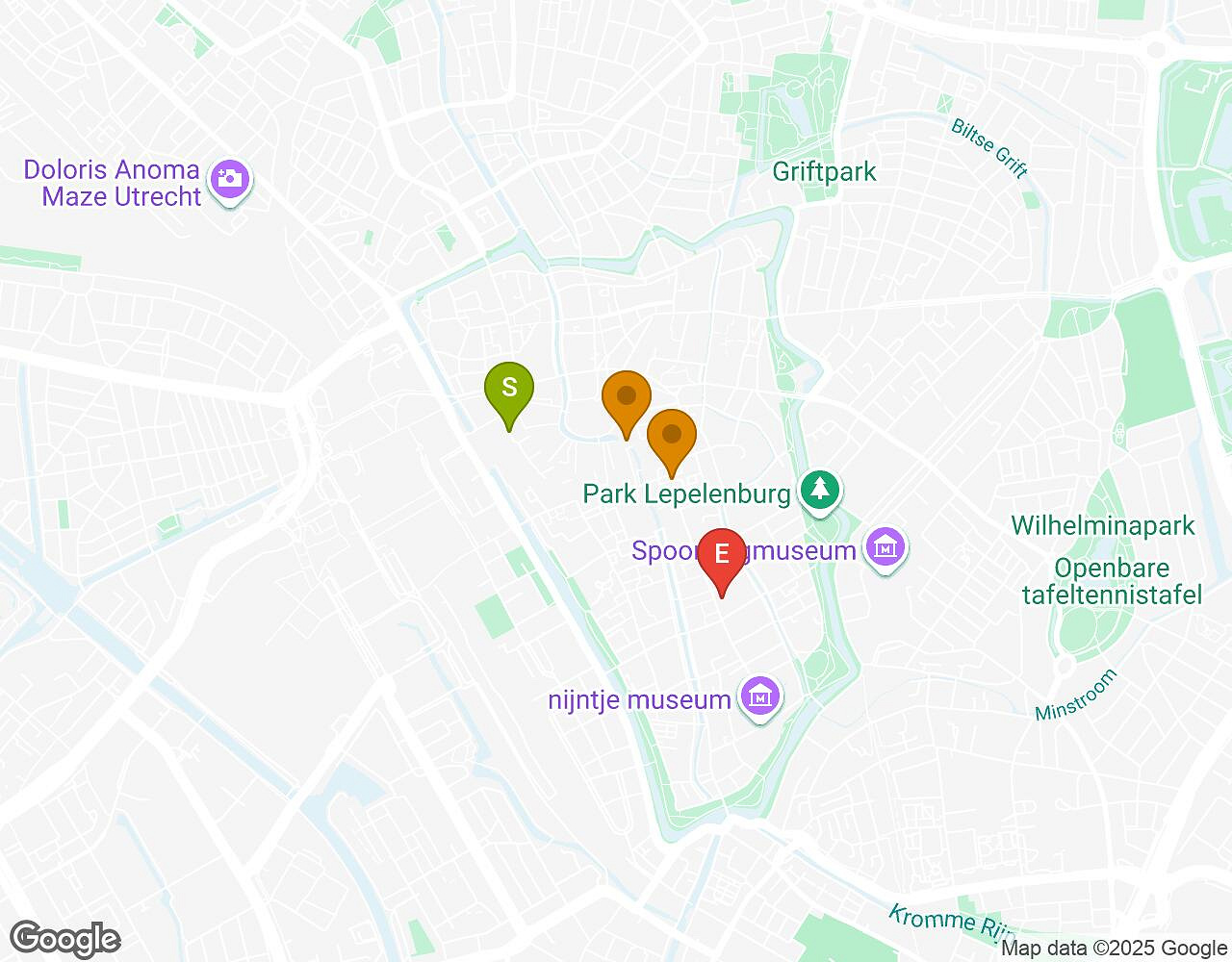 Carte interactive pour Crazytopia UTRECHT indiquant le point de départ, le point d'arrivée et les points d'intérêt