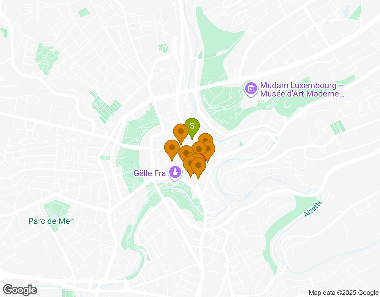 Interactieve kaart voor Crazytopia LUXEMBURG met startpunt, eindpunt en bezienswaardigheden